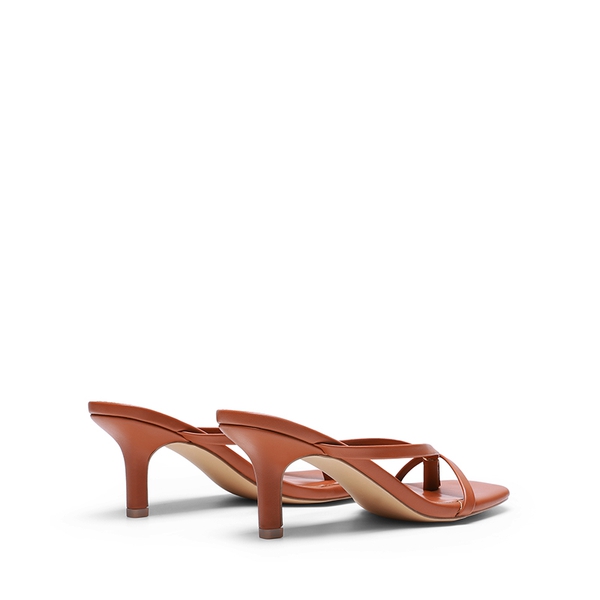 Slip-On Square Toe Thong Heeled Sandals - BROWN - 3