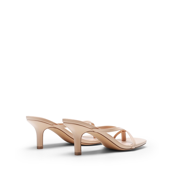 Slip-On Square Toe Thong Heeled Sandals - NUDE - 3