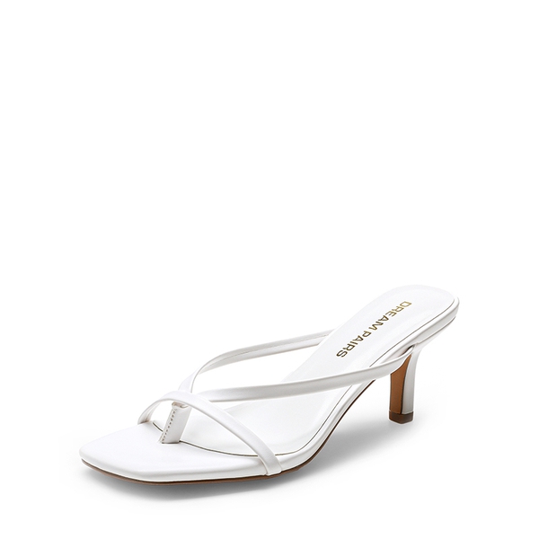 Slip-On Square Toe Thong Heeled Sandals - WHITE -  0