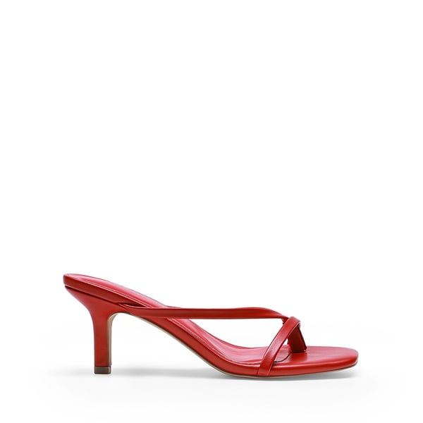 Slip-On Square Toe Thong Heeled Sandals - RED - 2