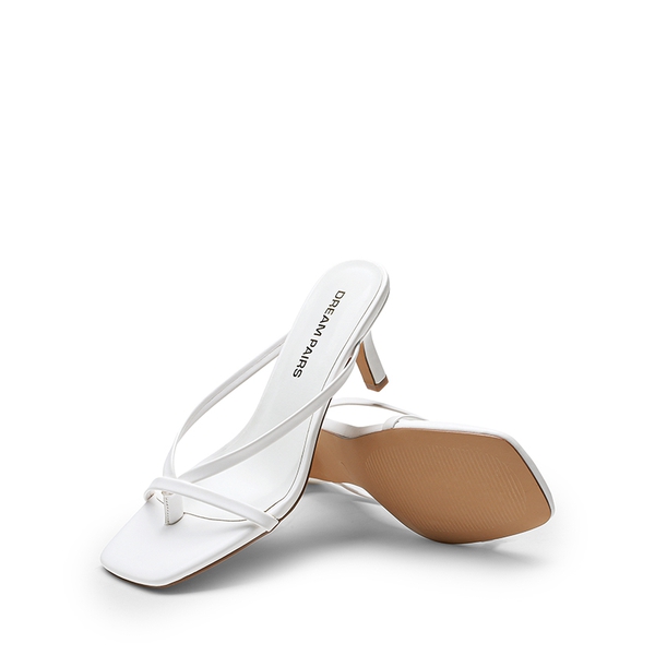 Slip-On Square Toe Thong Heeled Sandals - WHITE - 4