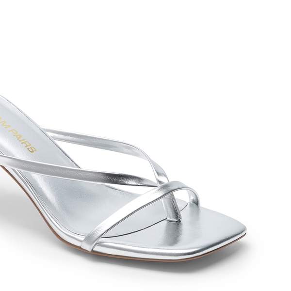 Slip-On Square Toe Thong Heeled Sandals - SILVER - 1