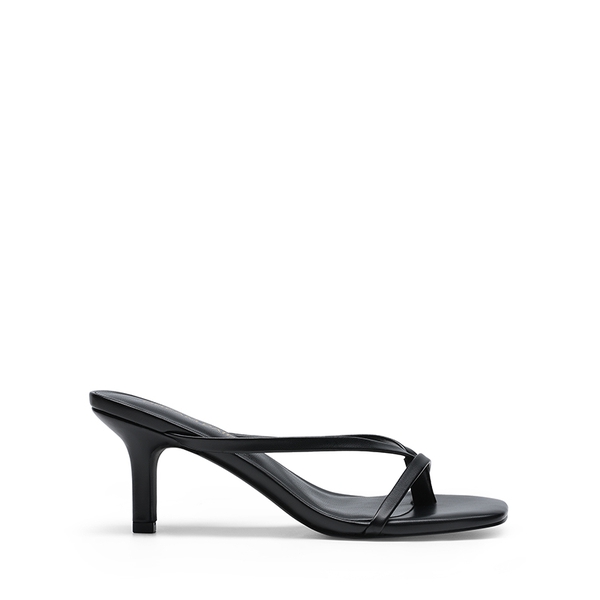 Slip-On Square Toe Thong Heeled Sandals - BLACK - 2