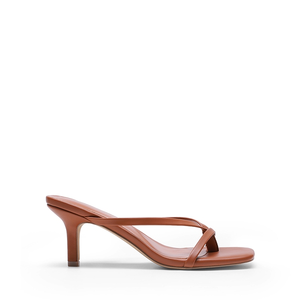 Slip-On Square Toe Thong Heeled Sandals - BROWN - 2