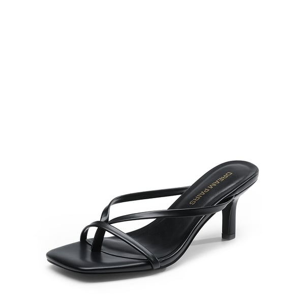 Slip-On Square Toe Thong Heeled Sandals - BLACK -  0