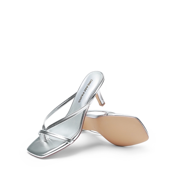 Slip-On Square Toe Thong Heeled Sandals - SILVER - 4