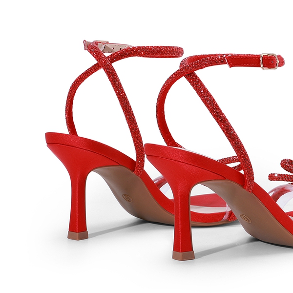 Ankle Strap Crystal Rhinestone Heels - RED-SATIN - 3
