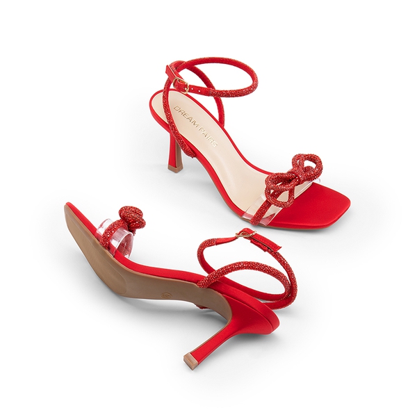 Ankle Strap Crystal Rhinestone Heels - RED-SATIN - 2