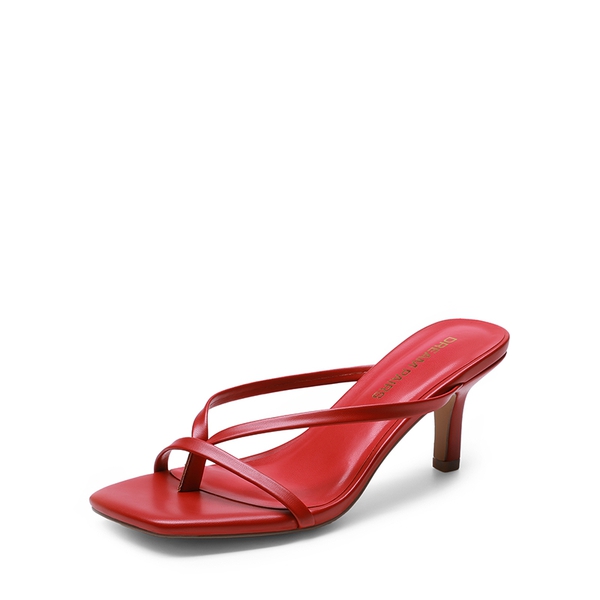 Slip-On Square Toe Thong Heeled Sandals - RED -  0