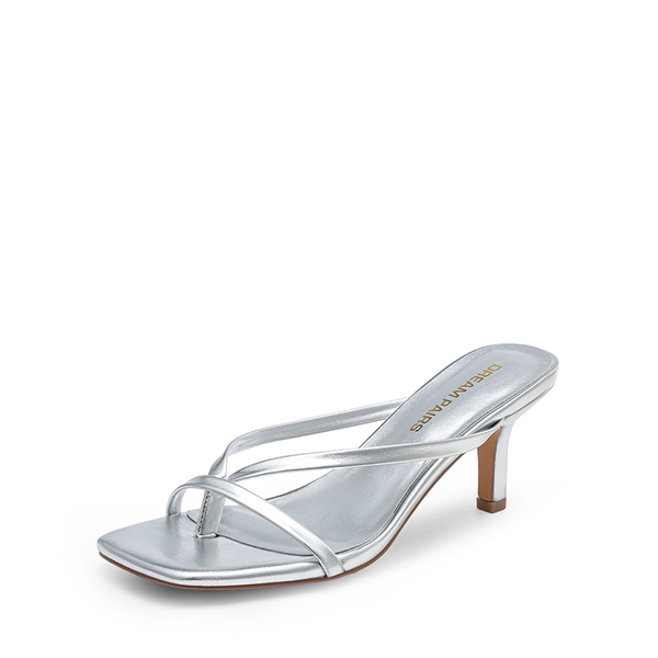 Slip-On Square Toe Thong Heeled Sandals - SILVER -  0