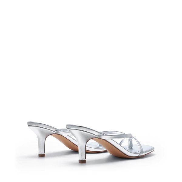 Slip-On Square Toe Thong Heeled Sandals - SILVER - 3