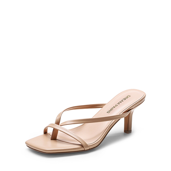 Slip-On Square Toe Thong Heeled Sandals - NUDE -  0