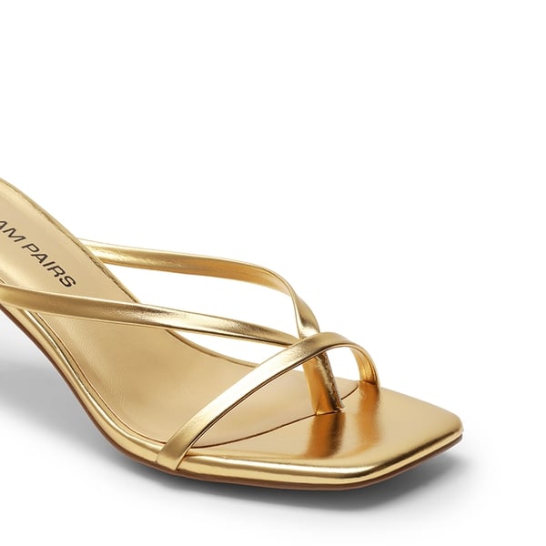 Slip-On Square Toe Thong Heeled Sandals - GOLD - 1