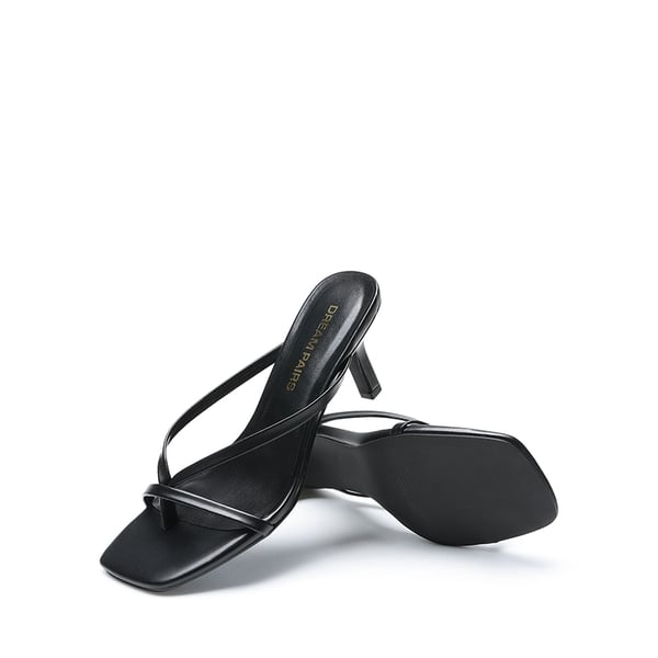 Slip-On Square Toe Thong Heeled Sandals - BLACK - 4