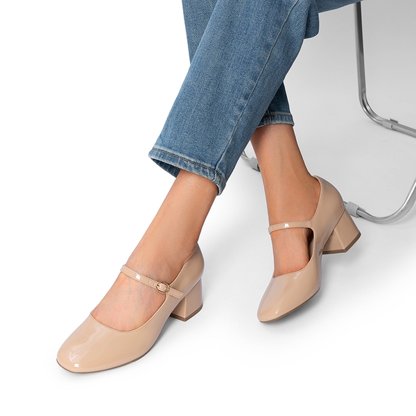Block Heel Square Toe Mary Jane Pumps - NUDE - 5