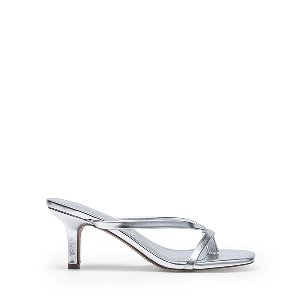 Slip-On Square Toe Thong Heeled Sandals - SILVER - 2