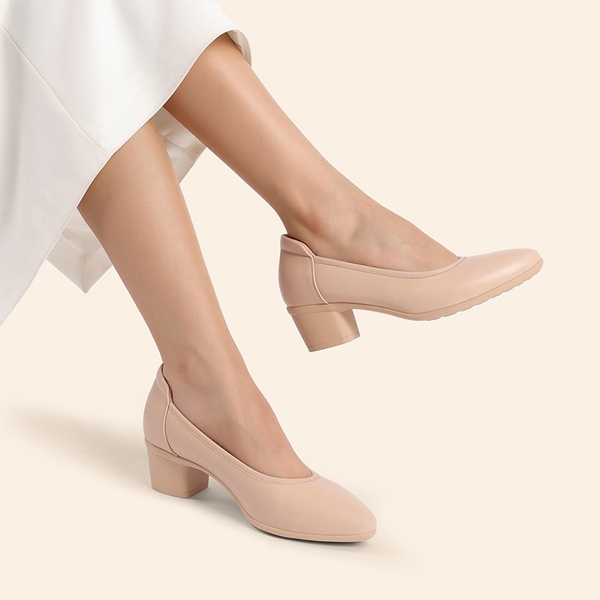 Low Chunky Block Heel Pumps Dress Shoes - NUDE - 6
