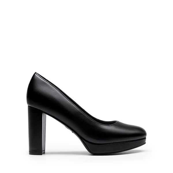 Round-Toe Arch Support Block Heel Pumps - BLACK-PU - 1