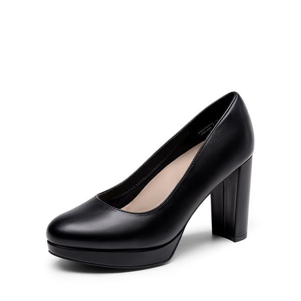 Round-Toe Arch Support Block Heel Pumps - BLACK-PU -  0