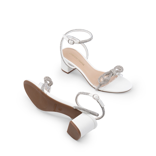 Women’s Rhinestone Bow Heeled Sandals - WHITE - 2