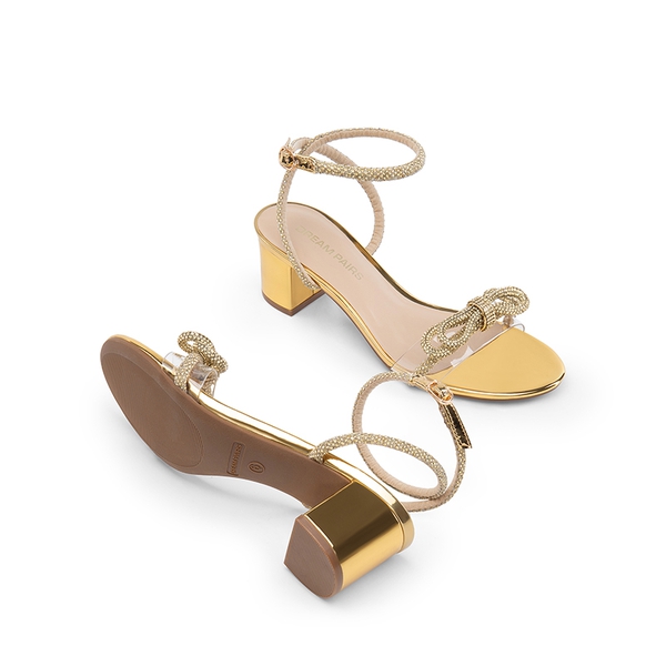 Women’s Rhinestone Bow Heeled Sandals - GOLD - 2