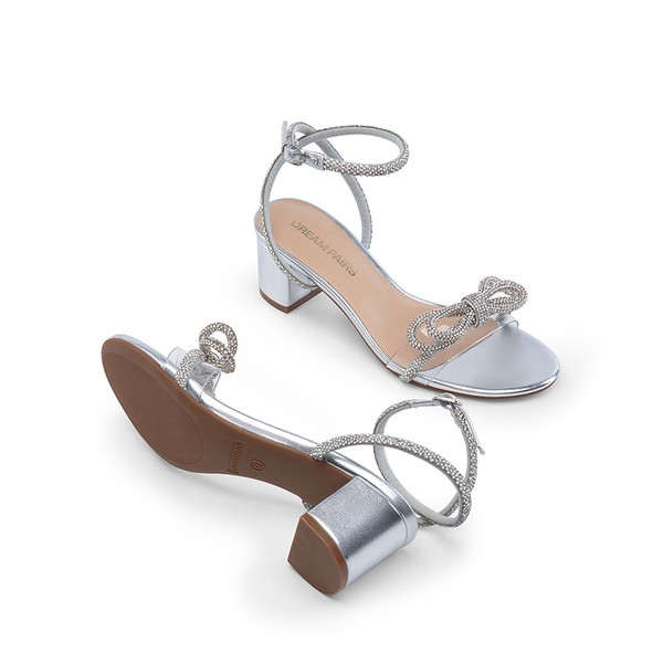 Women’s Rhinestone Bow Heeled Sandals - SILVER - 2