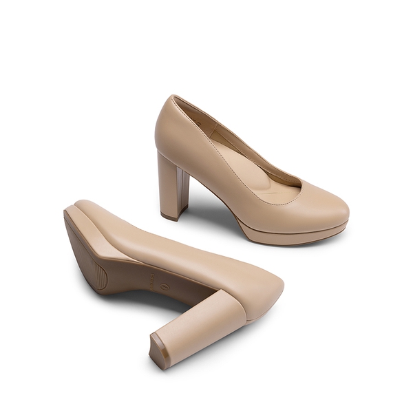 Round-Toe Arch Support Block Heel Pumps - NUDE-PU - 3