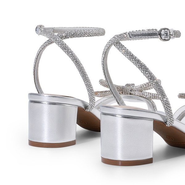 Women’s Rhinestone Bow Heeled Sandals - SILVER - 3