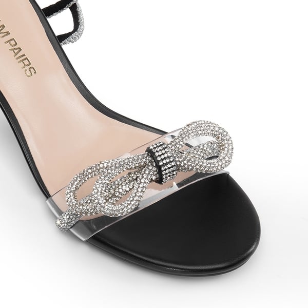 Women’s Rhinestone Bow Heeled Sandals - BLACK - 4