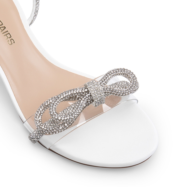 Women’s Rhinestone Bow Heeled Sandals - WHITE - 4