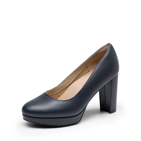 Round-Toe Arch Support Block Heel Pumps - NAVY-PU -  0