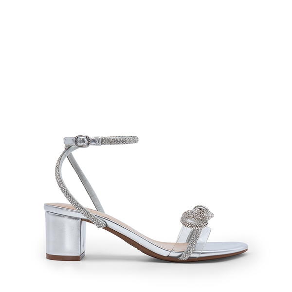 Women’s Rhinestone Bow Heeled Sandals - SILVER - 1