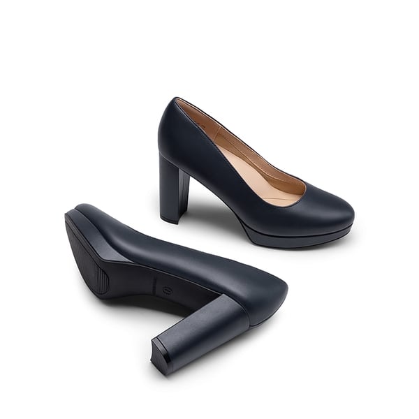 Round-Toe Arch Support Block Heel Pumps - NAVY-PU - 3