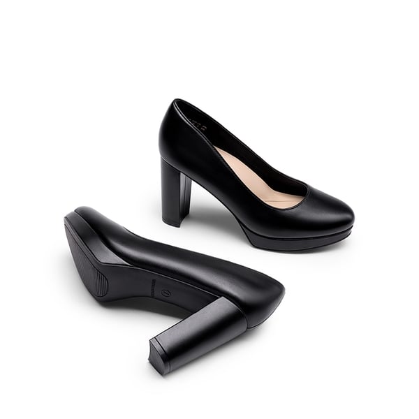 Round-Toe Arch Support Block Heel Pumps - BLACK-PU - 3