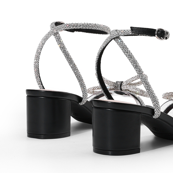 Women’s Rhinestone Bow Heeled Sandals - BLACK - 3