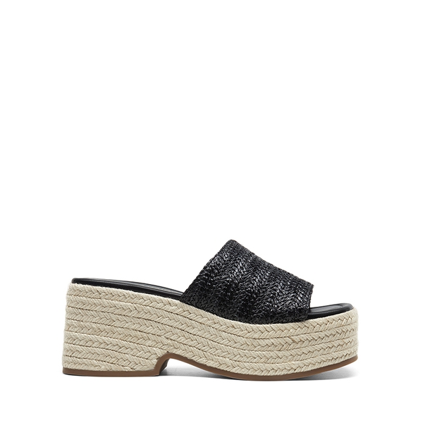 Raffia Platform Wedge Slide Sandals - BLACK - 1