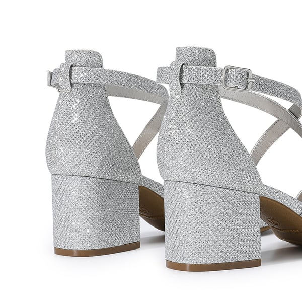 Ankle Strap Low Block Heels - SILVER - 3