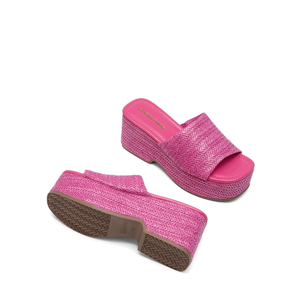 Raffia Platform Wedge Slide Sandals - HOT PINK - 2