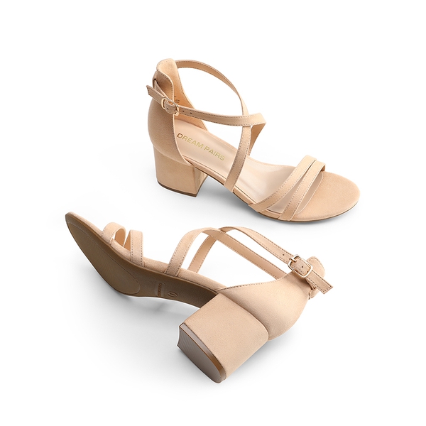 Ankle Strap Low Block Heels - NUDE-SUEDE - 4
