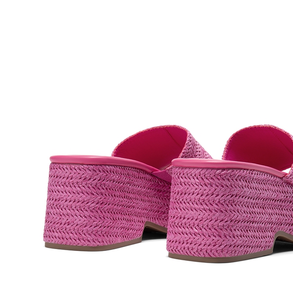 Raffia Platform Wedge Slide Sandals - HOT PINK - 3
