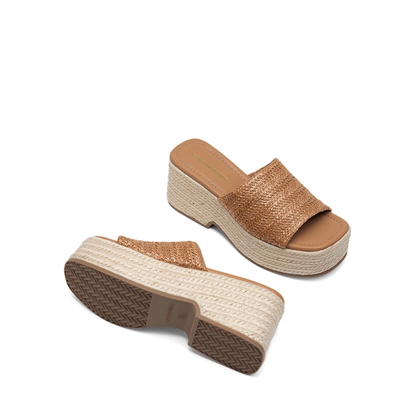 Raffia Platform Wedge Slide Sandals - BROWN - 2