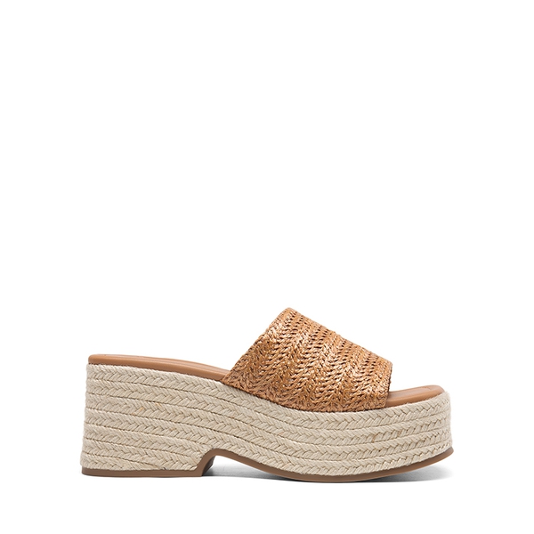 Raffia Platform Wedge Slide Sandals - BROWN - 1