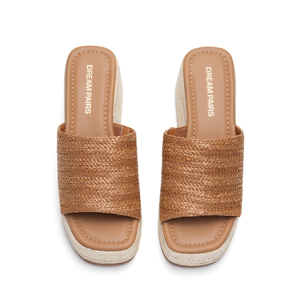 Raffia Platform Wedge Slide Sandals - BROWN - 4