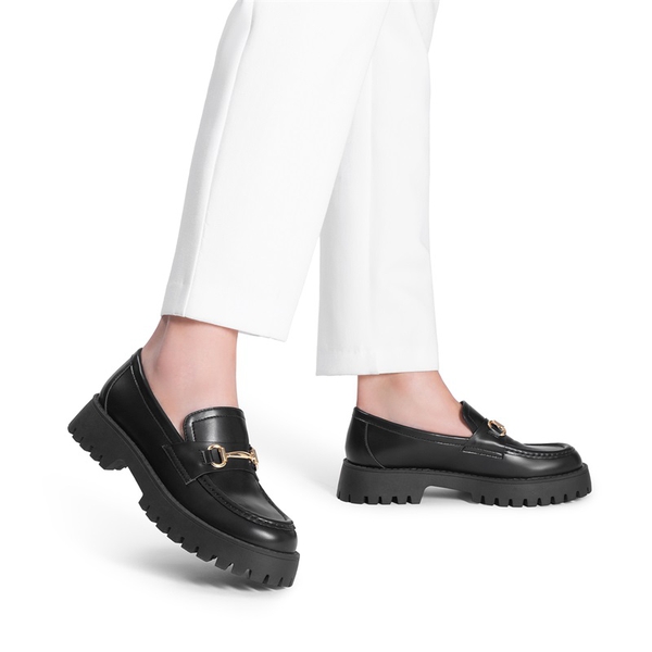 Slip Resistant  Platform Chunky Penny Loafers - BLACK-PU - 7