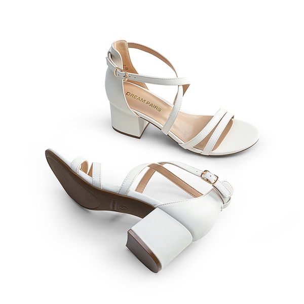 Ankle Strap Low Block Heels - WHITE - 4
