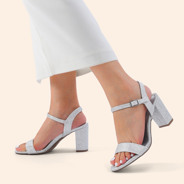 Minimalist Vegan Leather Block Heel Sandals - SILVER-GLITTER - 7