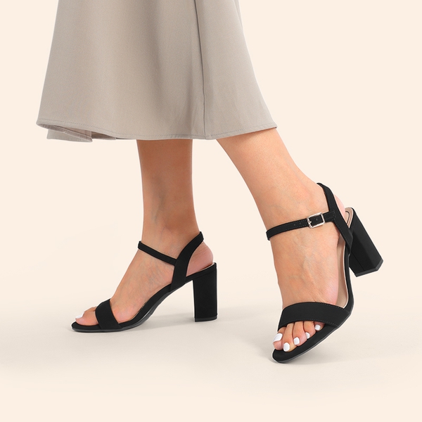 Minimalist Vegan Leather Block Heel Sandals - BLACK-NUBUCK - 7