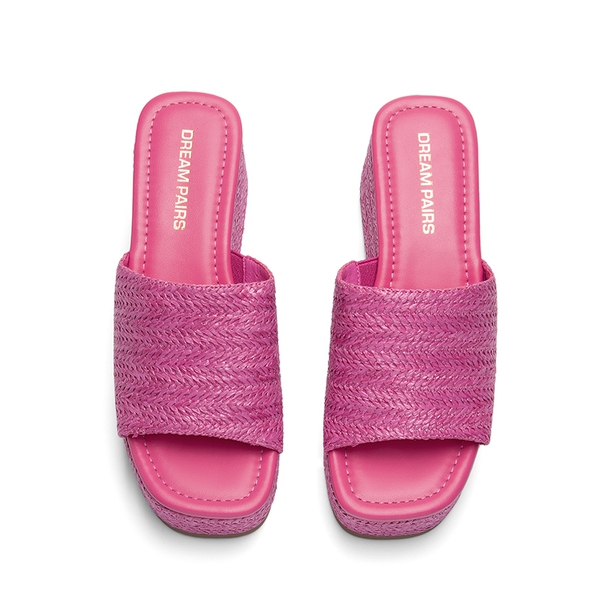 Raffia Platform Wedge Slide Sandals - HOT PINK - 4