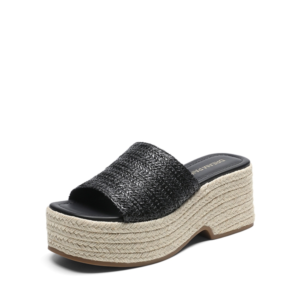 Raffia Platform Wedge Slide Sandals - BLACK -  0