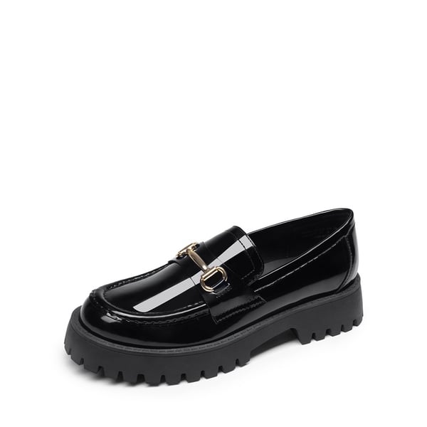 Slip Resistant  Platform Chunky Penny Loafers - BLACK-PATENT -  0